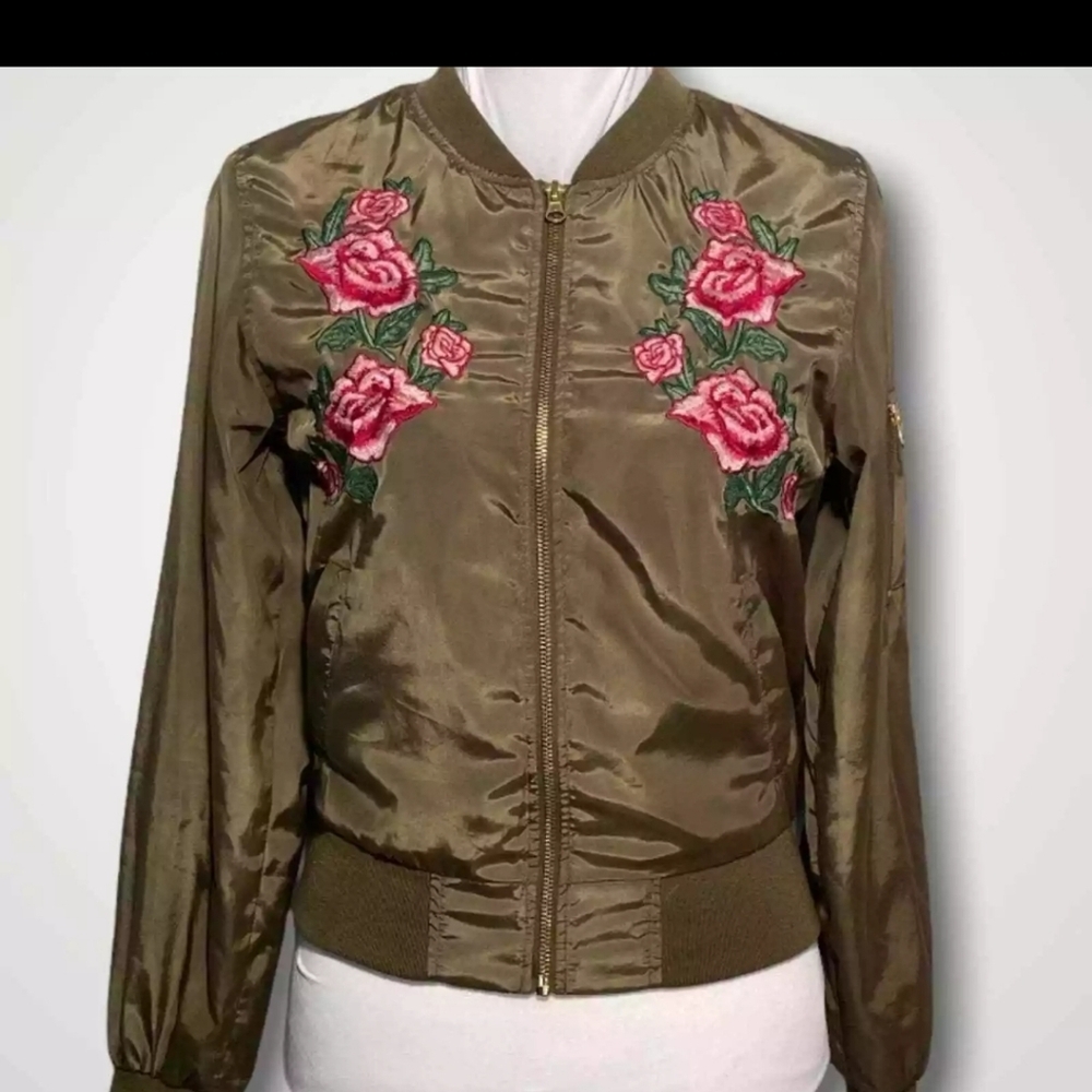 Love Tree Olive Green Floral Embroidered Bomber Jacket. Size Medium - Picture 2 of 12